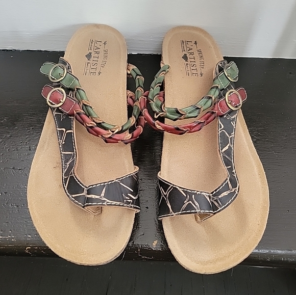 L Artiste Spring Step Sandals Womens 42 Lonian Wedge Toe Post Slide  Leather - Picture 1 of 6